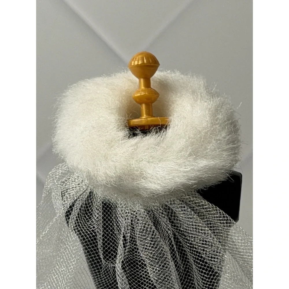 Vintage Barbie Bride Veil – White Faux Fur Halo with Tulle – 1960s Accessory